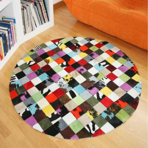 A colorful round patchwork rug in Dubai living room