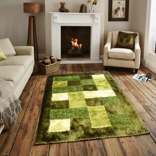 A green and cream shaggy rug with a geometric pattern, placed in front of a fireplace in a living room