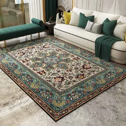 A large Persian rug with intricate floral patterns in shades of blue, green, and beige, placed in a modern living room