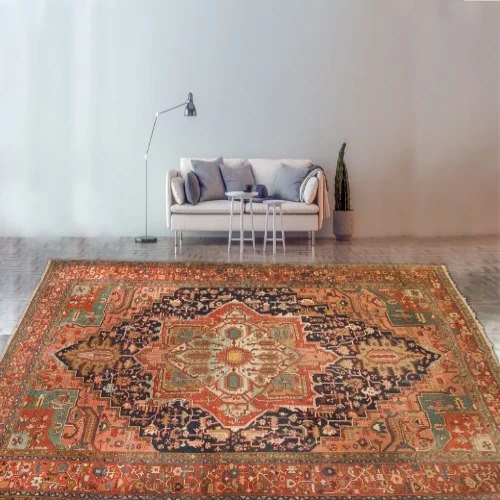 A large, intricately patterned Persian rug in shades of red, blue, and gold