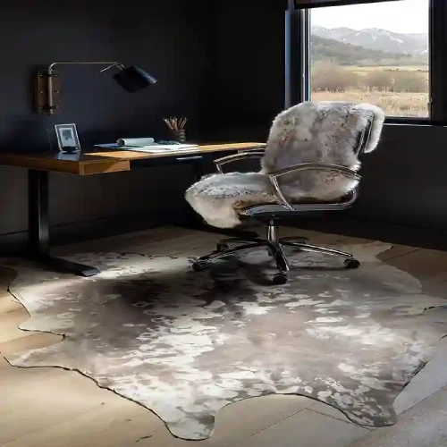 A modern home office featuring a dark desk, a black office chair with a faux fur seat cushion