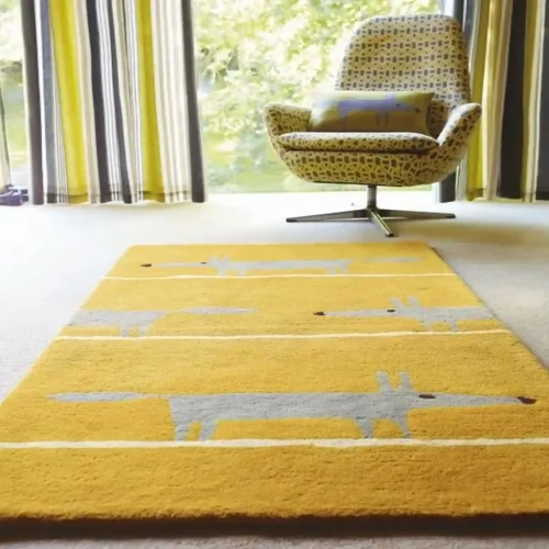 A playful wool rugs featuring a repeating pattern of foxes in shades of mustard yellow and gray