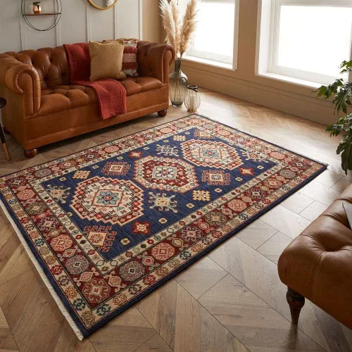 A vibrant, traditional wool rug with intricate patterns in shades of blue, red, and cream