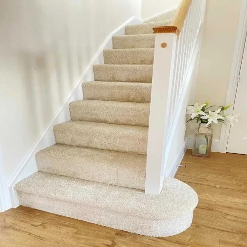 Beige carpet stairs with a curved bottom step, leading up to a light-colored hallway