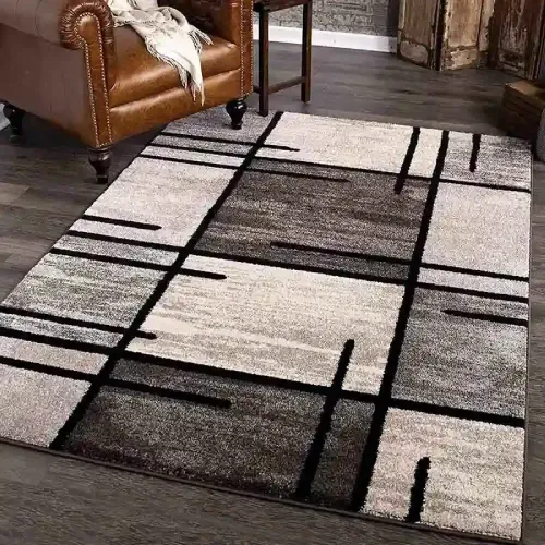 Modern Dubai area rug with a geometric pattern in shades of gray and black