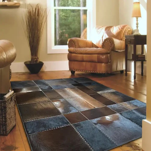 Patchwork leather rug in shades of brown and blue, perfect for a modern or rustic living room in Dubai