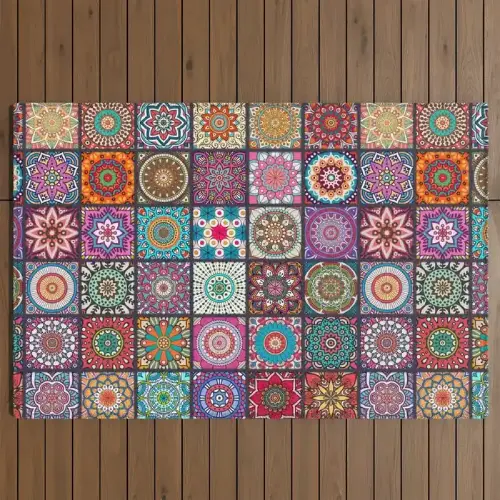 Vibrant patchwork rug featuring intricate mandala designs in various colors