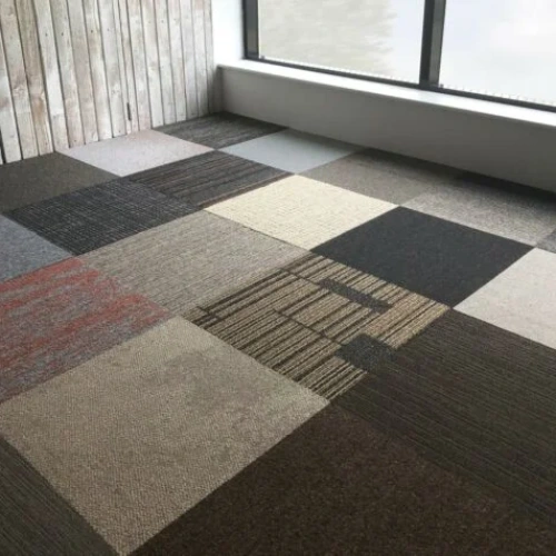 office carpet tiles on display, showcasing different colors, patterns, and textures