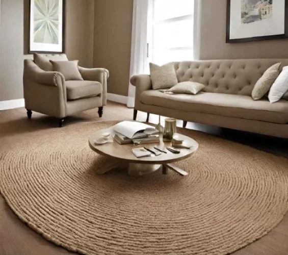 A round jute rugs with a braided design placed in living room